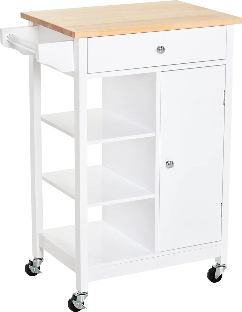 HOMCOM Kuchynský vozík s kolesami, 1 zásuvka, 1 skriňa, 3 otvorené police, úložný priestor do jedálne, 66x39.5x86.5 cm, Biela | Aosom