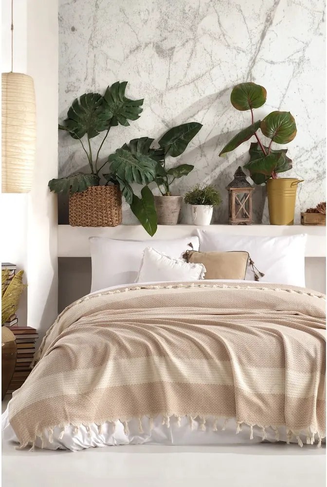 Béžový bavlnený pléd na dvojlôžko 230x200 cm Seritli – Mijolnir