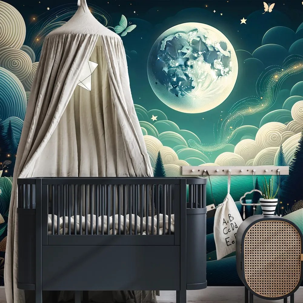 Tapeta nočná rozprávková krajina a lietajúce motýle