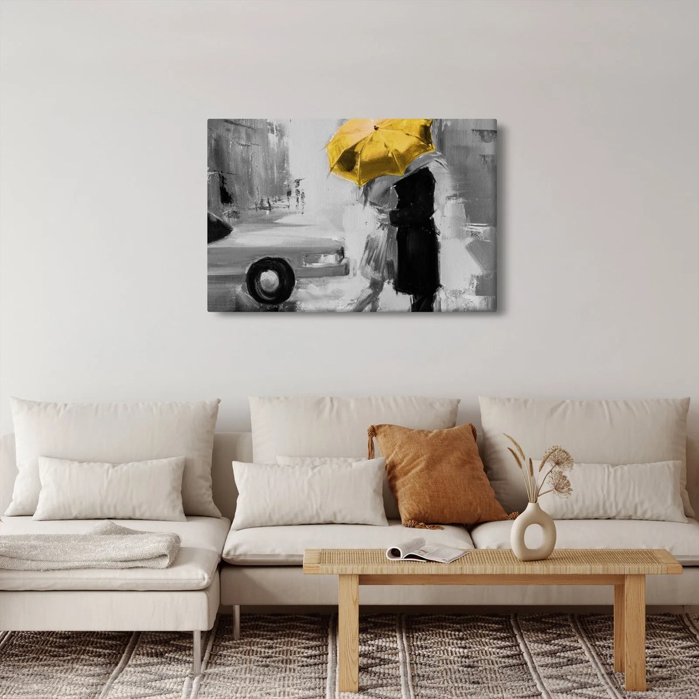 Obraz - Zamilovaný pár pod dáždnikom, žltý (90x60 cm)