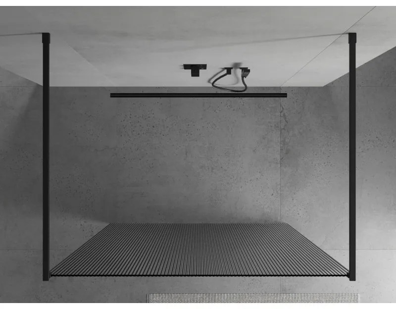Mexen Kioto, sprchová zástena Walk-In 140 x 200 cm, 8mm sklo s rebrovým vzorom, čierny profil, 800-140-002-70-09