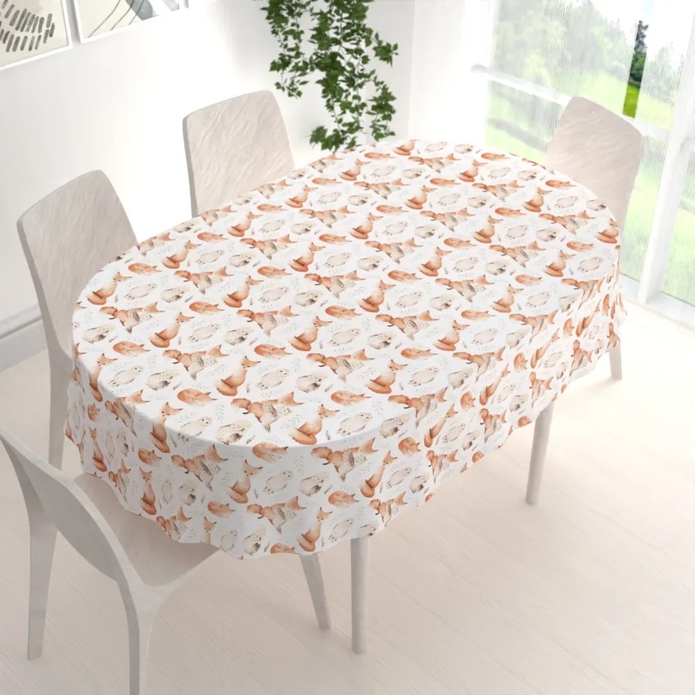 Biante Detský bavlnený oválny obrus Sandra SA-523 Líšky a sovy na bielom 120x160 cm