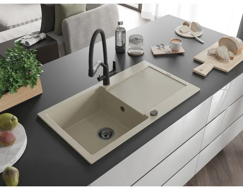 Mexen Leo, 1-komorový granitový drez 900x500x190 mm a drezová batéria Duo, béžová, 6501-69-671701-70-B