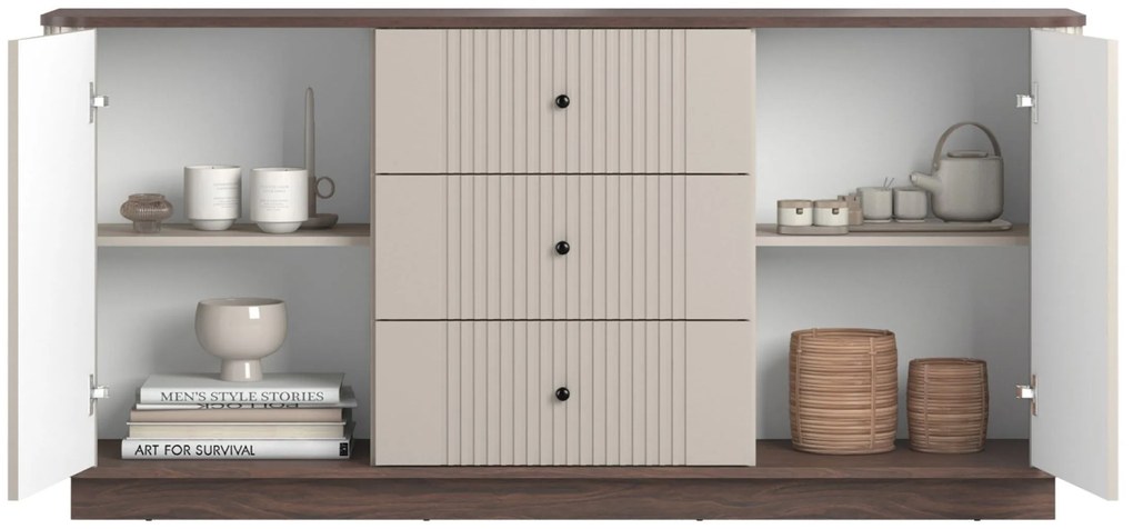 Komoda so zásuvkami Vesper 160 cm - kašmír / orech / čierne úchytky