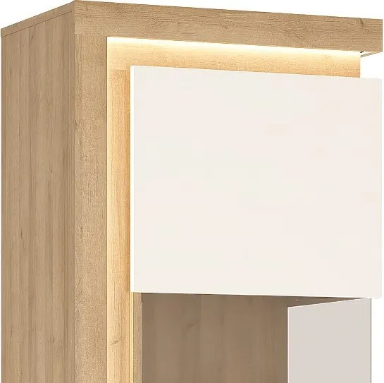 Vysoká vitrína Lyon, dub riviera/biely lesk, s osvetlením, pravá