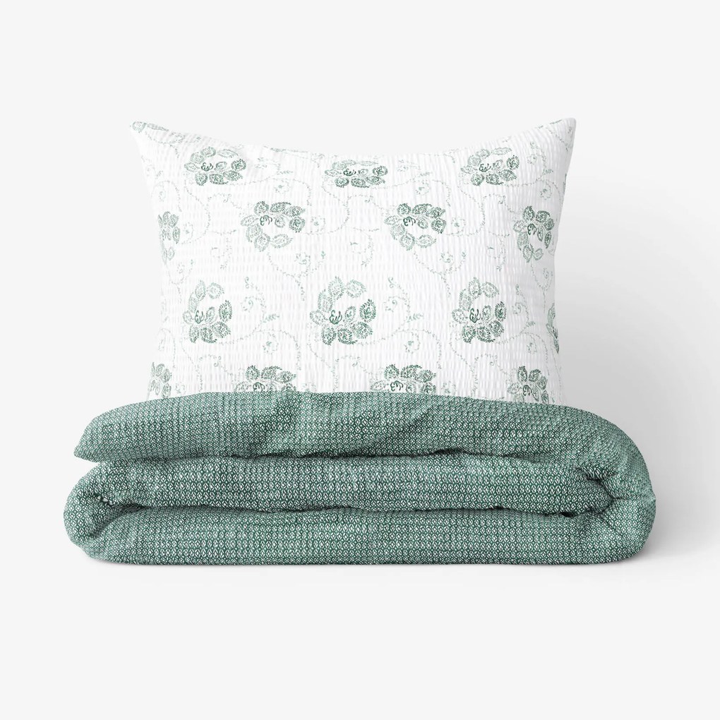 Goldea krepové posteľné obliečky - tmavo zelené kvetované ornamenty s geometrickými tvarmi 140 x 200 a 70 x 90 cm
