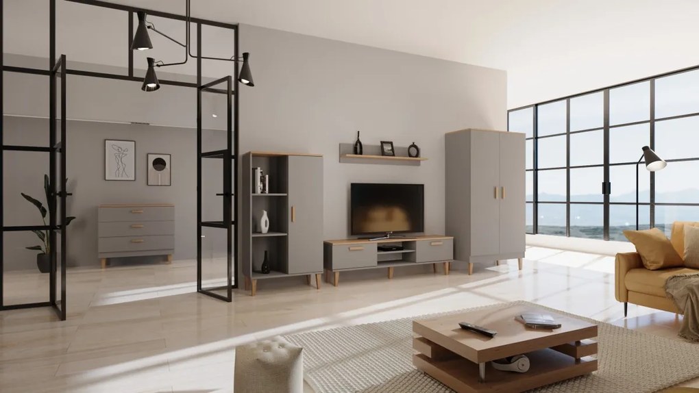 Vitrína DENVER 120 cm sivý/dub hickory