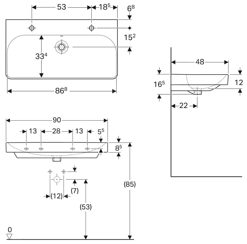 Geberit Smyle Square, umývadlo s prepadom 900x480mm, 2 otvory na batérie, biela, GEB-500.252.01.1
