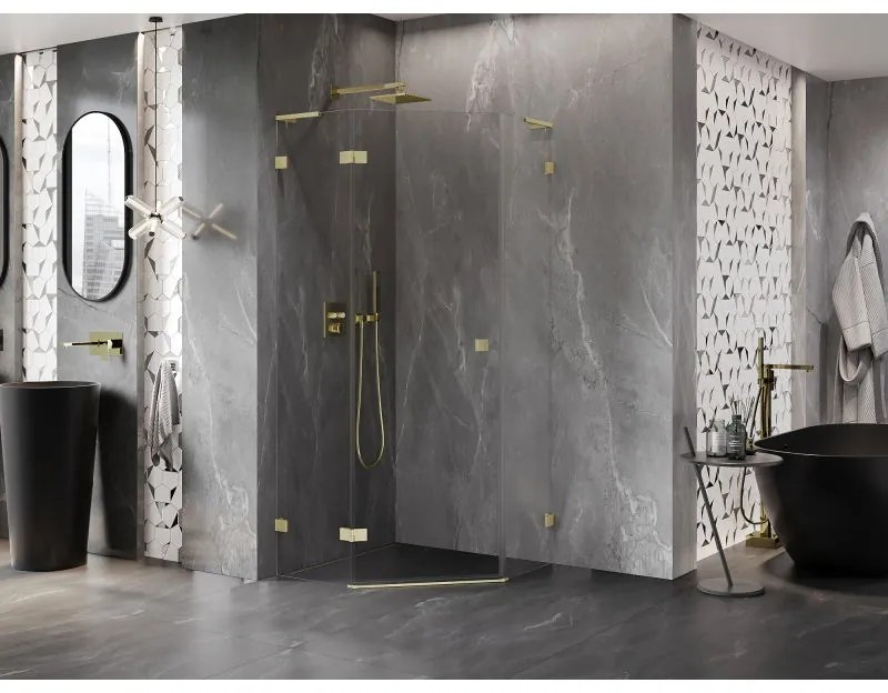 Mexen Lunar, L päťuholníkový sprchový kút naklápací doľava 80 x 80 cm, 8mm číre sklo, zlatý matný profil, 831L-080L-080P-55-00-L