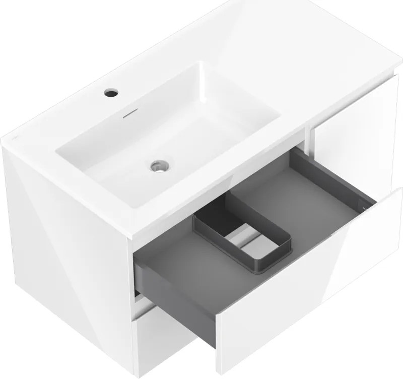 Mexen Orio, kúpeľňová skrinka 90 cm s umývadlom Otis vľavo, 2S, 1D, biela lesklá, 91A13-09047-3-BBFFF00-W18L00