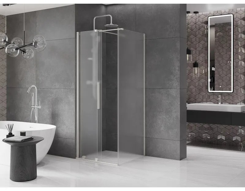 Mexen Velar, sprchový kút s posuvnými dverami 90 x 90 cm, 8mm sklo námraza, brúsená oceľ, 871-090-090-31-97