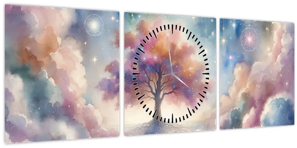Obraz – Strom života v oblakoch (s hodinami) (90x30 cm)