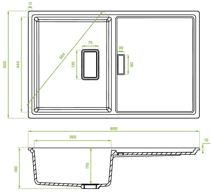 Laveo Tonga, 1-komorový granitový drez 800x500x190 mm, šedá, LAV-SPT_511Y