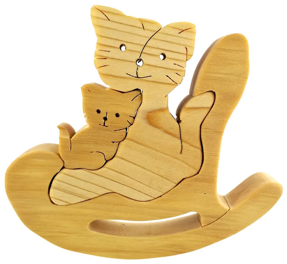 AMADEA Drevené puzzle hojdacia mačka, masívne drevo dvoch druhov drevín, 14 cm