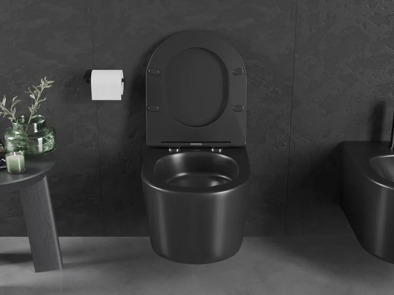 Mexen Sofia, závesná WC misa 490x360x355 mm, Rimless Tornádo + WC sedadlo z duroplastu, čierna matná, 30541085T