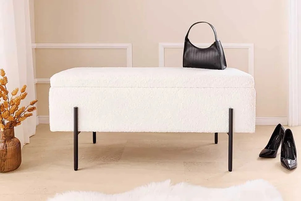 Dizajnová lavica Bolzano s úložným priestorom biela bouclé 100cm