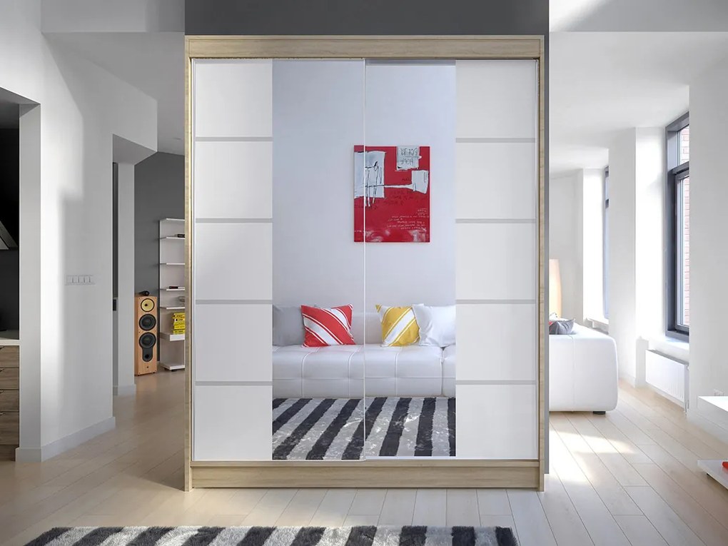 Šatníková skriňa Chantal 5 (sonoma + biela). Akcia -24%. Vlastná spoľahlivá doprava až k Vám domov. 1069254