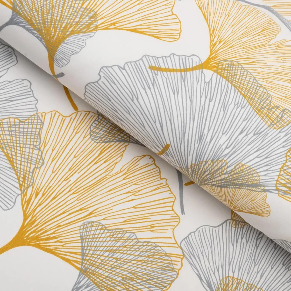 Biante Bavlnený behúň na stôl Sandra SA-745 Sivo-horčicové ginkgo listy na bielom 35x160 cm