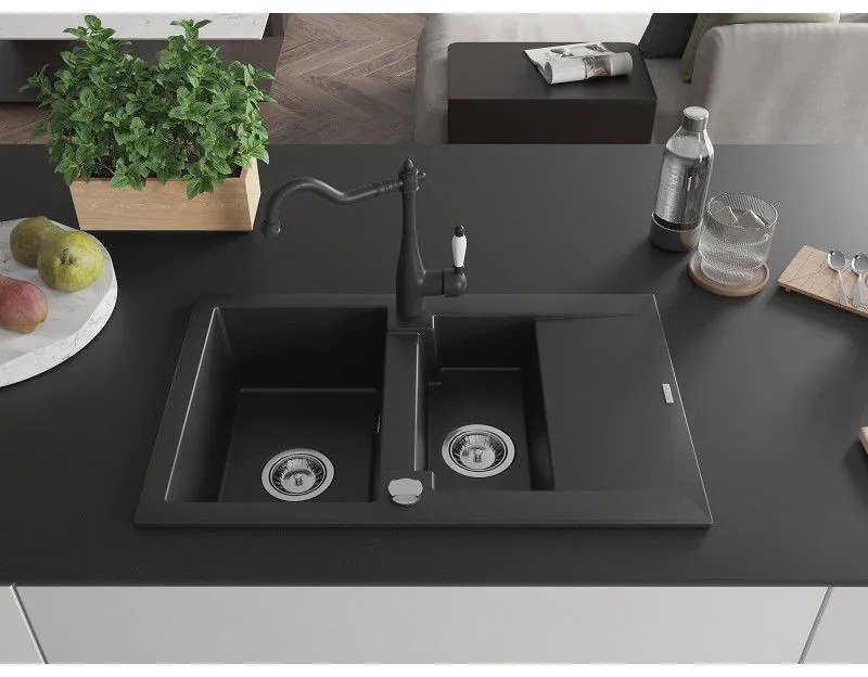 Mexen Gaspar, granitový drez 752x436x161 mm, 1,5-komorový a drezová batéria Carla, čierna, 6507-77-670700-00