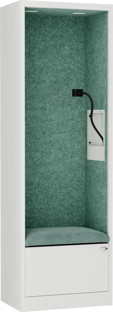 Kancelárska akustická kabína so sedadlom a portom USB-C, telo v Biely farbe / sedadlo v zelenej farbe, 600 mm: SALLY MentalBox