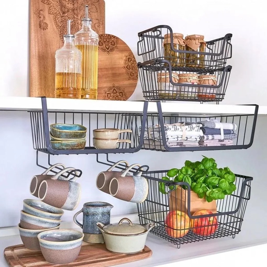 Zeller Present Stohovateľný kovový kôš, organizér s rúčkami, čierny BASKET, 33x27x21,5 cm