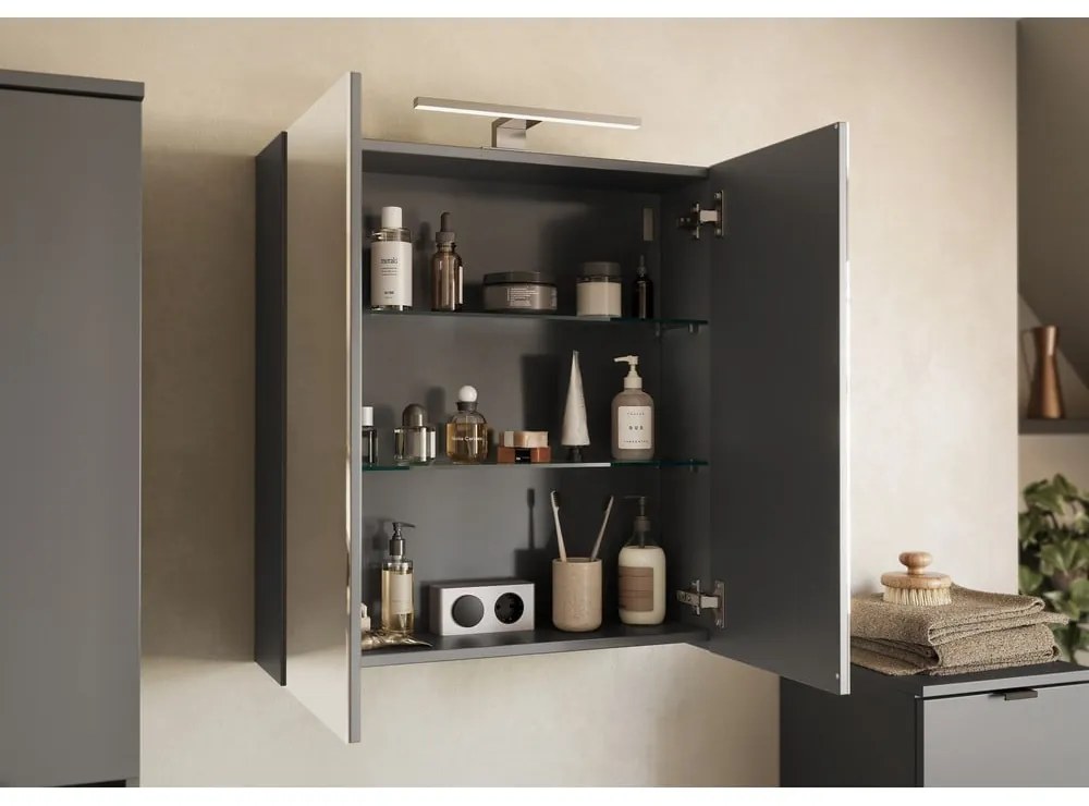 Antracitová závesná/so zrkadlom kúpeľňová skrinka 60x71 cm Arcena – Germania