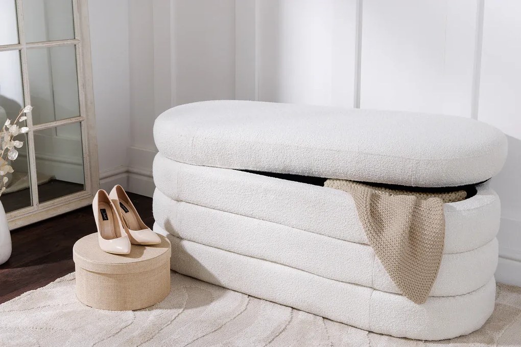 Dizajnová lavica s úložným priestorom CREAMY BOUCLÉ 115 cm – elegantný odkladací box