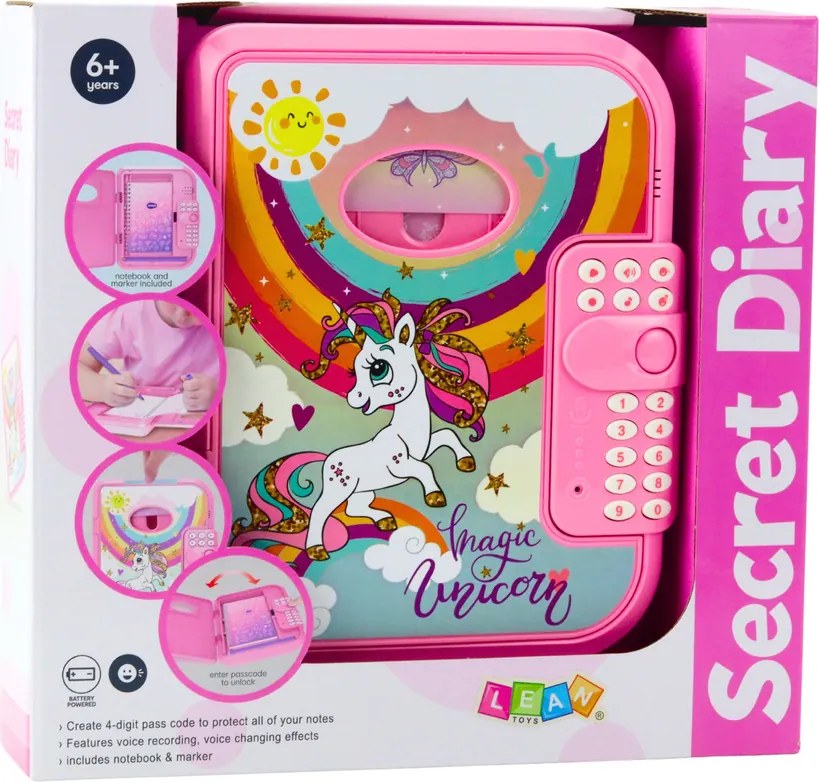 LEAN Toys Denník Zápisník Kód Jednorožec Nahrávanie hlasu Kvízové melódie Ružová