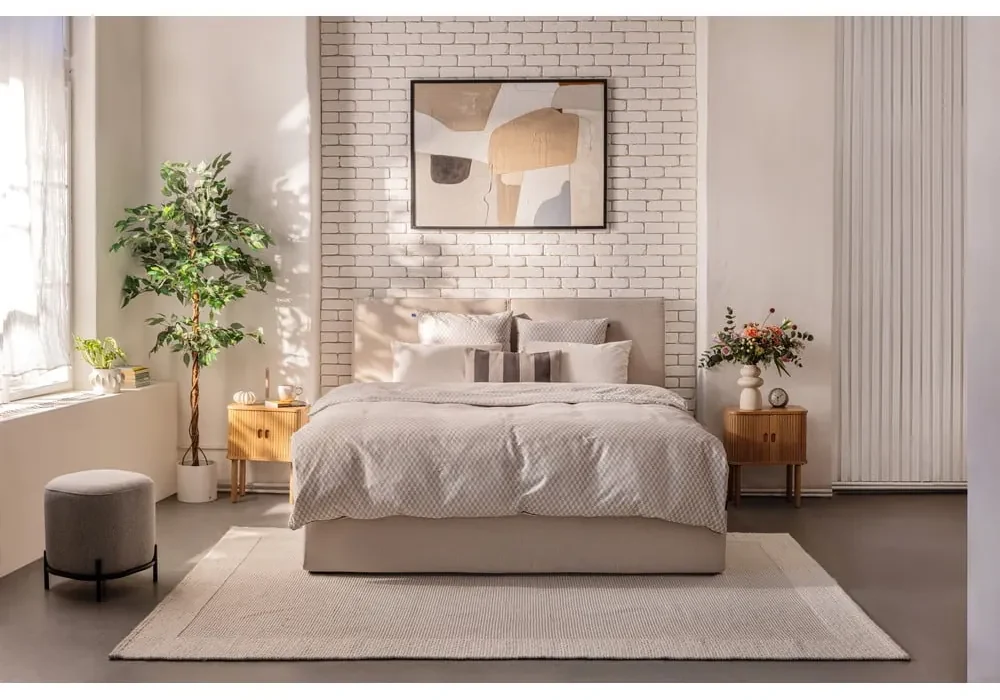 Béžová čalúnená dvojlôžková posteľ s úložným priestorom s matracom/s roštom 160x200 cm Thessa Bold – Bonami Selection