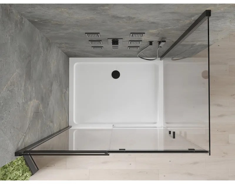 Mexen Omega, sprchovací kút s posuvnými dverami 100 (dvere) x 70 (stena) cm, 8mm číre sklo, čierny profil + slim sprchová vanička biela s čiernym sifónom, 825-100-070-70-00-4010B