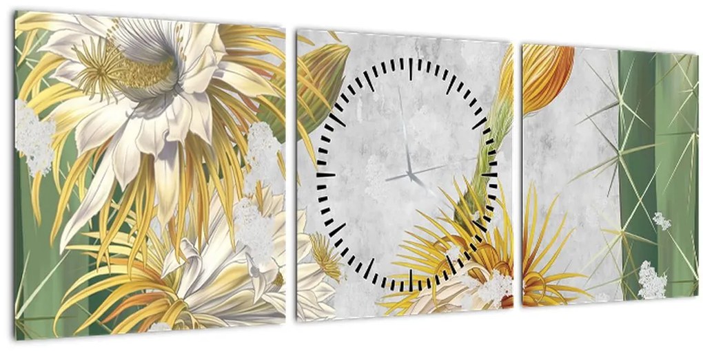 Obraz - Rozkvitnuté kaktusy, vintage (s hodinami) (90x30 cm)