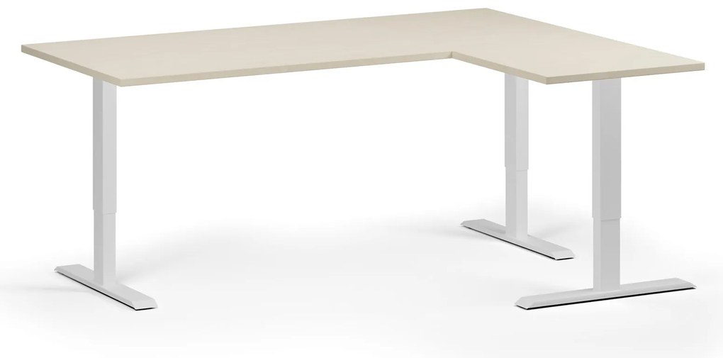 Výškovo nastaviteľný stôl, 180x140 cm, 3 motory, L/P, biela podnož, breza