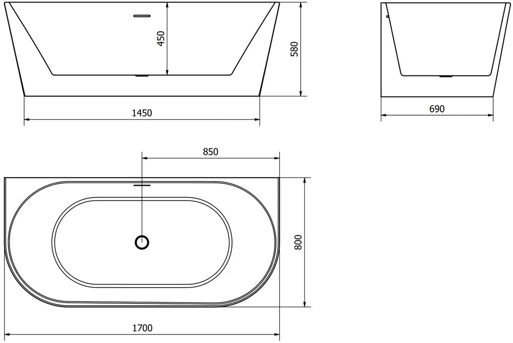 Mexen Oval, voľne stojaca nástenná vaňa 170 x 80 cm, biela, brúsená oceľ prepad, 52671708000-97