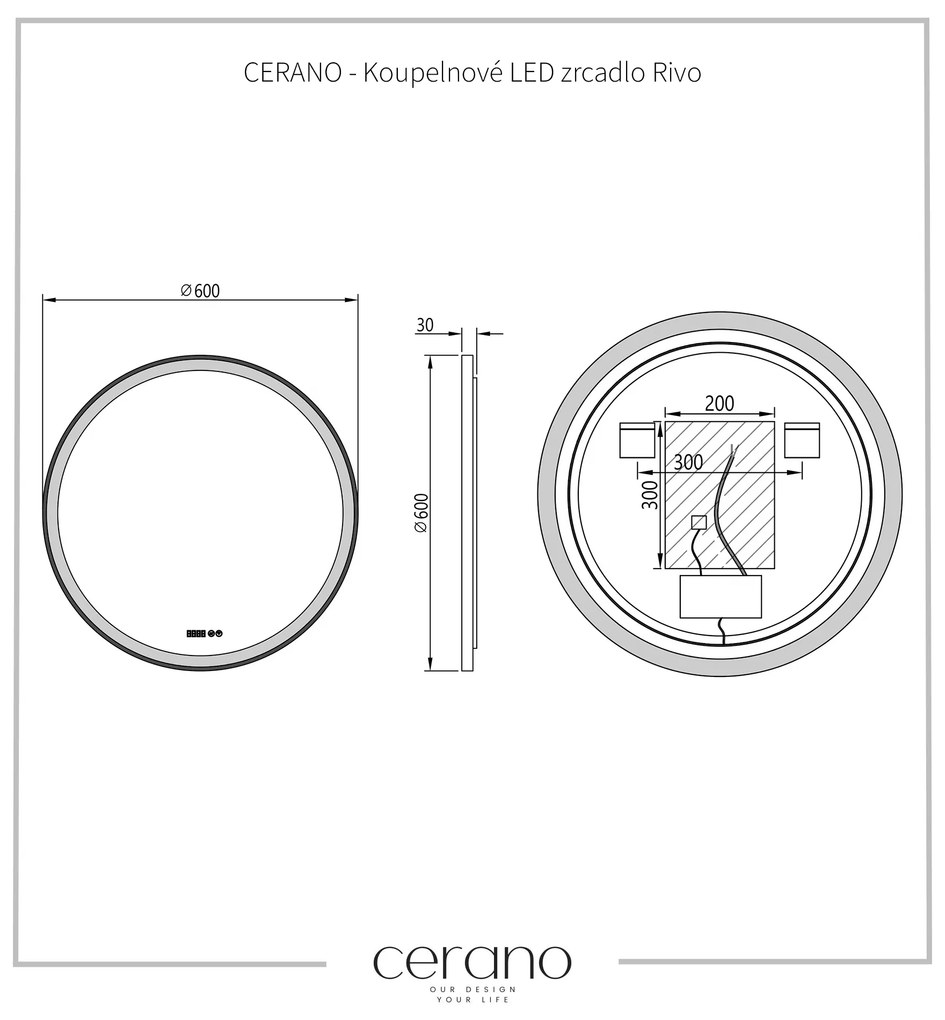 Cerano Rivo, LED kúpeľňové zrkadlo, kovový rám, Ø 60 cm, čierna matná, CER-CER-NT8232A60