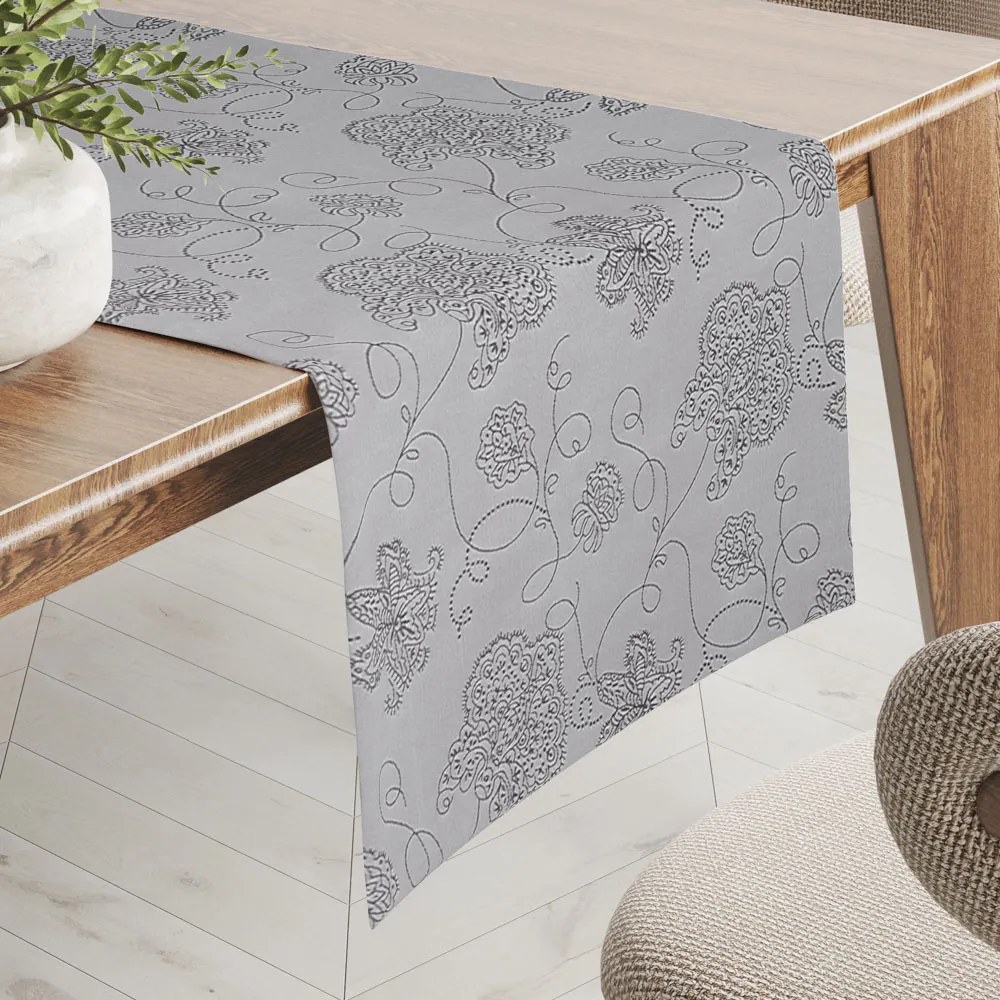 Biante Teflónový behúň na stôl TF-083 Kvetované ornamenty na sivom 45x140 cm