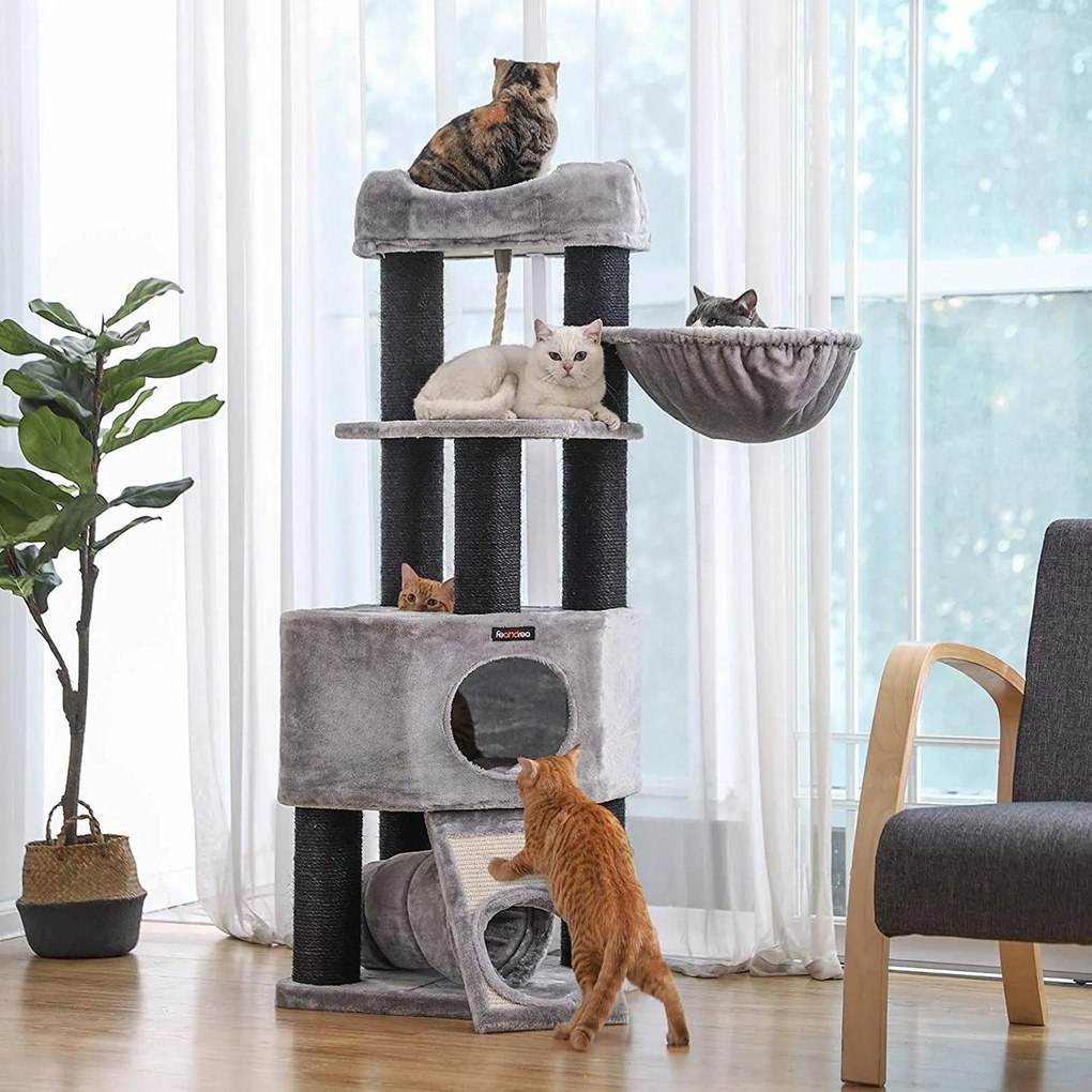 Veľké škrabadlo pre mačky s plyšovým košíkom a jaskynkou, svetlošedé