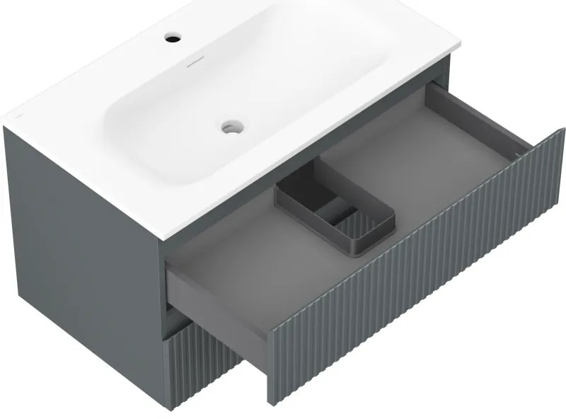 Mexen Rivel, kúpeľňová skrinka 80 cm s umývadlom Vela, 2 zásuvky, drážkovaná, grafitová matná/biela matná, 91A20-08047-2-BFF66-W23M0