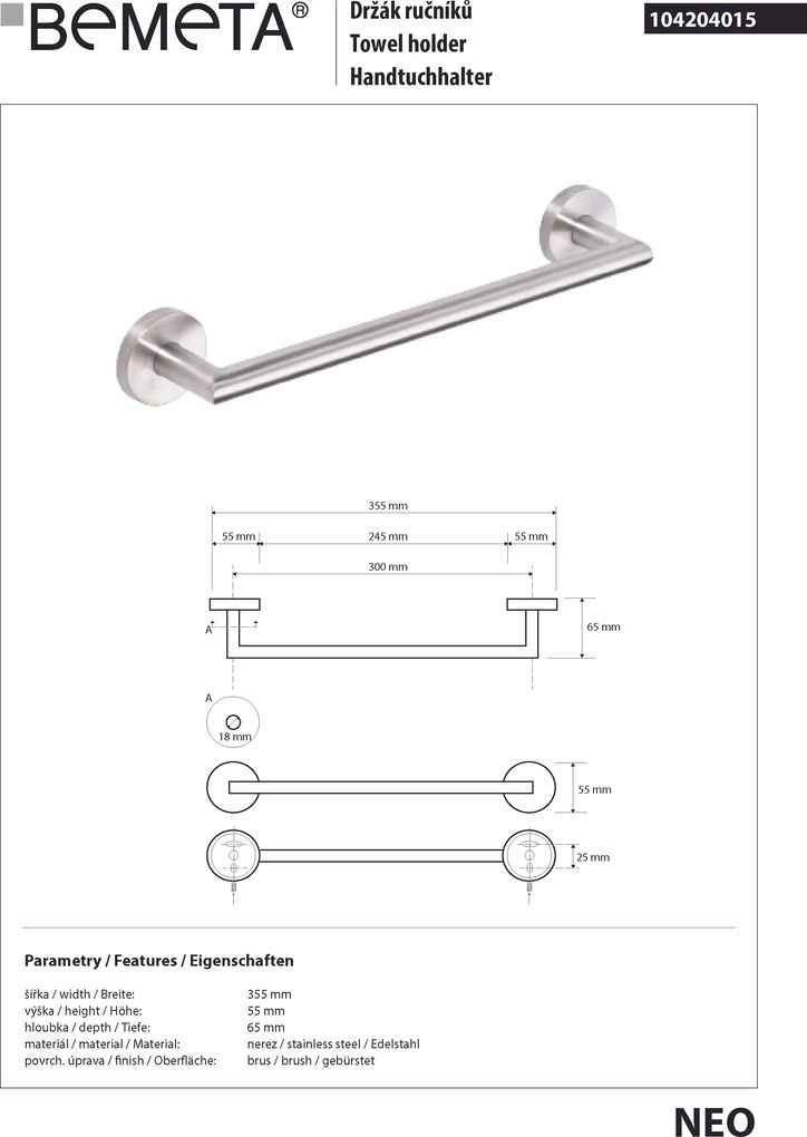 Bemeta Design NEO: Držiak uterákov, 300 mm - 104204015