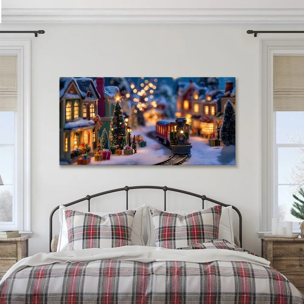 Obraz vláčik prechádzajúci nádhernou vianočnou krajinou