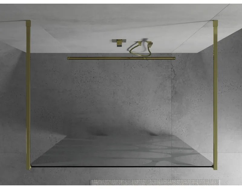 Mexen Kioto, priechodná sprchová zástena 100 x 200 cm, 8mm sklo číre/biely vzor, 2x zlatá stabilizačná rozpera, 800-100-002-50-97