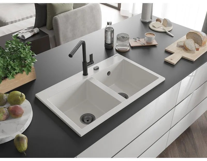 Mexen Hektor, 2-komorový granitový drez 800x480x205 mm, biela, grafitový sifón, 6521802000-20-B