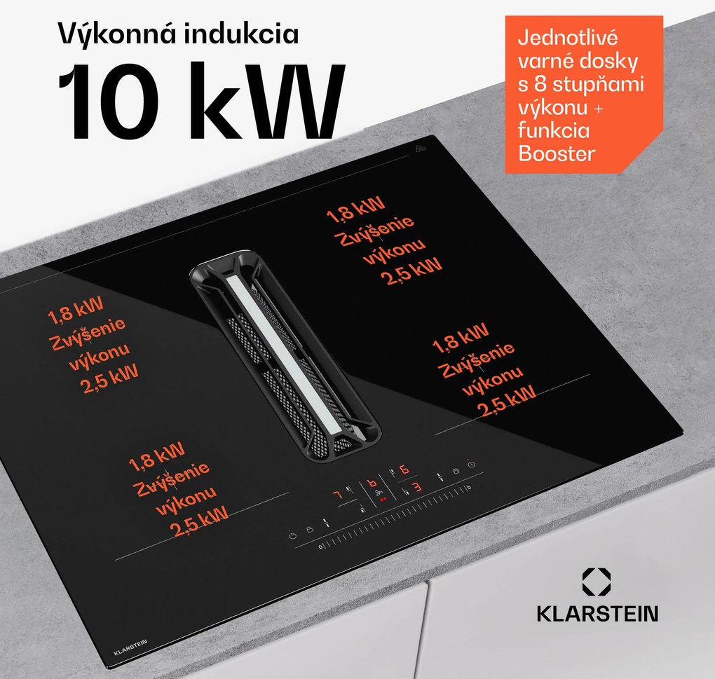 Klarstein AirJet Hybrid Down Air System, Indukčná varná doska s integrovaným digestorom, 477 m³/h, EEK A+