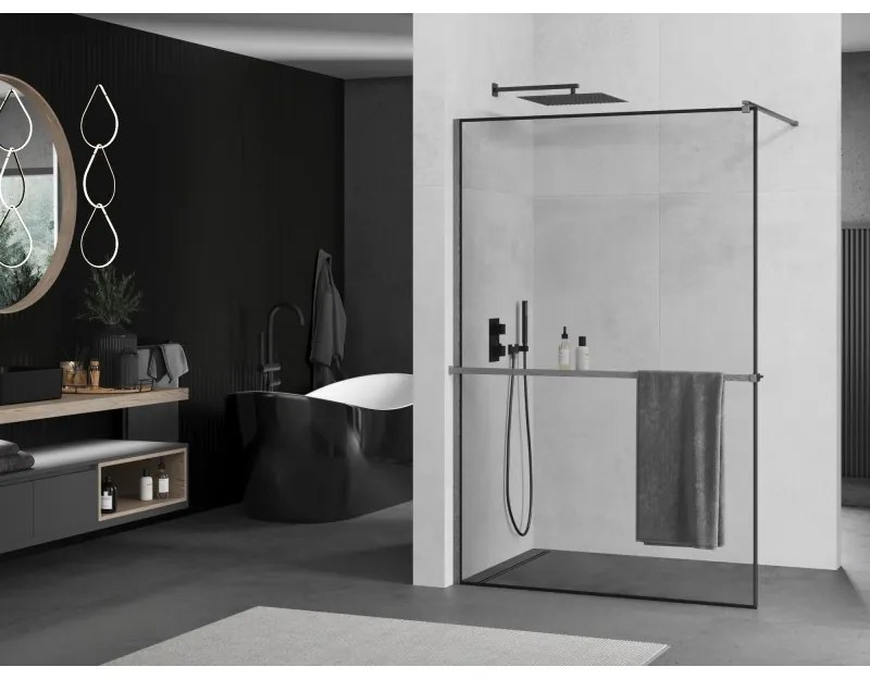 Mexen Kioto+, sprchová zástena Walk-In s poličkou a vešiakom 130 x 200 cm, 8mm číre sklo čierny vzor, grafitový profil, 800-130-121-66-70