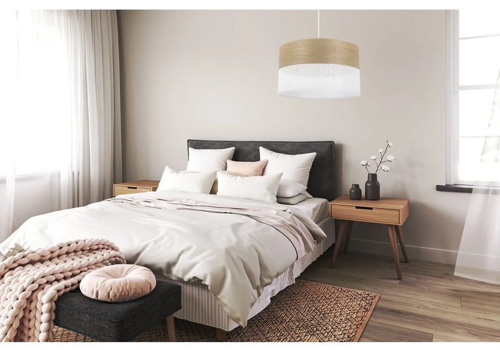 Závesné svietidlo Wood, 1x dýha zlatý dub/biele PVC tienidlo, (fi 35cm)