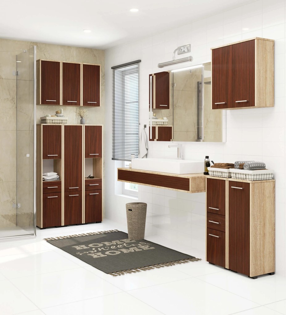 Kúpelňová skrinka Fulgor 2D 140 (dub sonoma + wenge). Akcia -19%. Vlastná spoľahlivá doprava až k Vám domov. 1117558