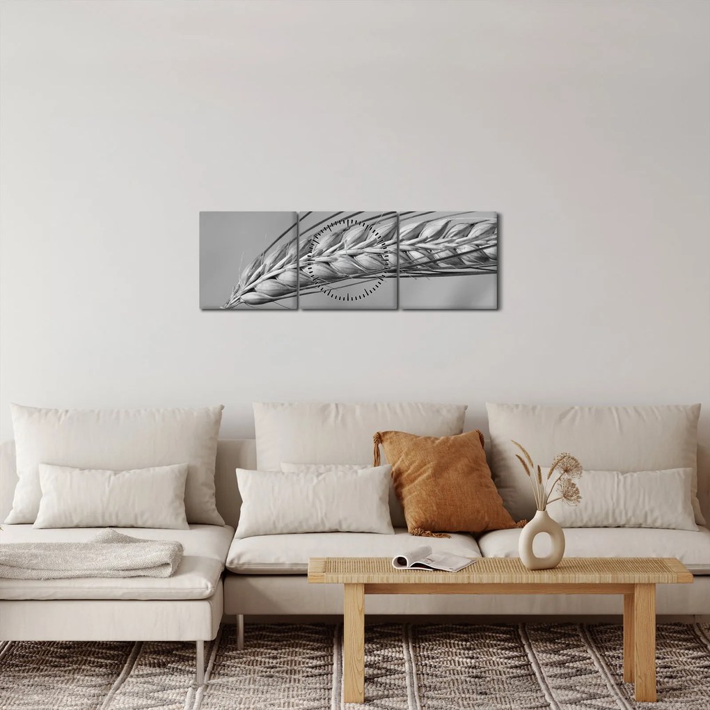 Obraz - Pšenica, čiernobiela (s hodinami) (90x30 cm)