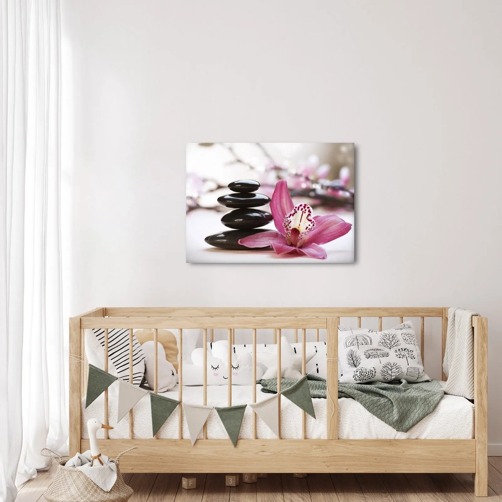 Obraz masážnych kameňov a orchidey na vode (70x50 cm)