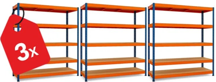 Akcia 3x Regál 216x120x50 cm profesionálny 5-policový, nosnosť 1500 kg - modro-oranžový