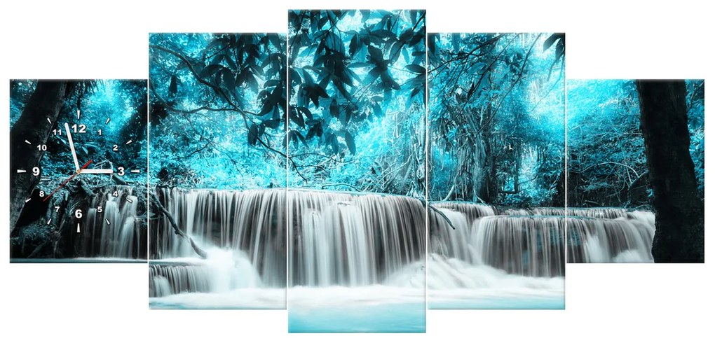 Gario Obraz s hodinami Vodopád v modrej džungli - 5 dielny Rozmery: 150 x 70 cm
