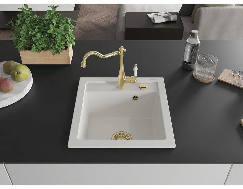 Mexen Vito, granitový drez 490x520x210 mm, 1-komorový a drezová batéria Carla, biela, 6503-20-670700-50
